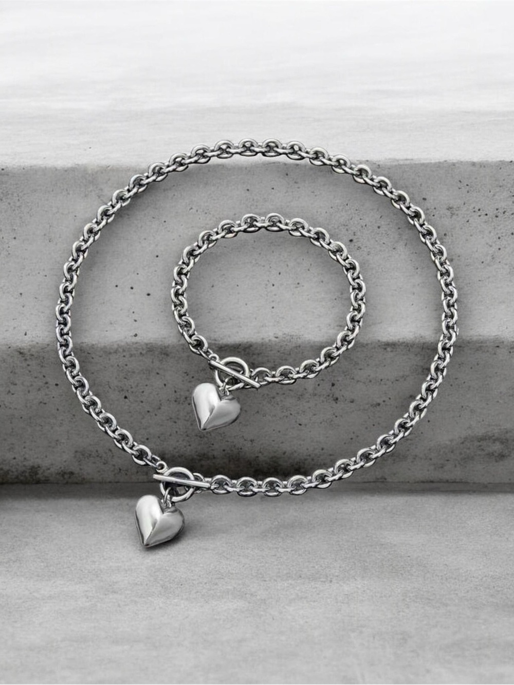 Silver Heart Charm Chain Necklace and bracelet
